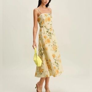 Rihoas Yellow Floral Shirred Slip Midi Dress